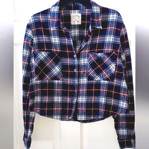 L A Hearts plaid button up front top
